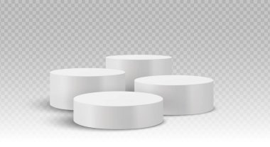 Dört beyaz silindirik podyum, değişen yüksekliklere sahip, şeffaf bir şebeke arka planına yumuşak gölgeler bırakarak sendeleyen bir formasyon oluşturdu. Promosyon veya markalaşma düzeni için ideal.