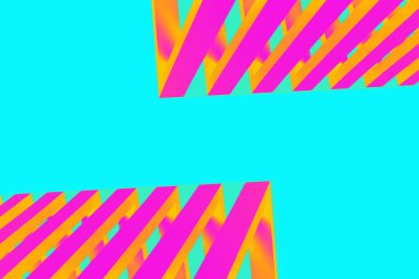 Cyan arka planında canlı pembe ve sarı üç boyutlu yapılara sahip soyut geometrik arkaplan. Fütürist ve minimalist tasarımı olan paralel çubuklar içeren modern dijital sanat eserleri.