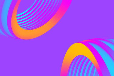 Pembe, sarı ve mavi renkli parlak üç boyutlu kıvrımlı yapılara sahip soyut geometrik arkaplan. Dairesel şekiller ve fütüristik tasarım içeren modern dijital sanat eserleri.