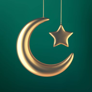Yeşil arka planda asılı altın hilal Ramazan vektörü ve yıldız. Ramazan Kareem 3d tebrik kartı. Bayram Mübarek 3d vektör illüstrasyonu, altın Ramazan sembolü