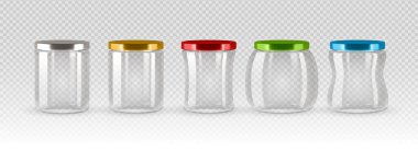 Gümüş, altın, kırmızı, yeşil ve mavi kapaklı beş şeffaf cam kavanoz seti kareli bir arka planda izole edilmiş. Ambalaj ve depolama için çeşitli şişe şekilleri.