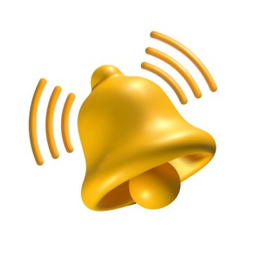 Beyaz zemin üzerinde izole edilmiş, ses dalgaları olan üç boyutlu sarı zil simgesi. Dijital iletişim ve mobil iletişimde uyarıları, hatırlatıcıları ve ses efektlerini sembolize eden parlak metalik uyarı çanı