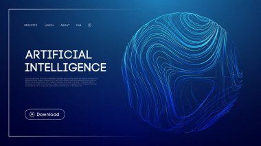 Soyut parlak küreye sahip yapay zeka teknolojisi, fütüristik mavi arkaplan, makine öğrenme sistemleri, veri işleme yeniliği, ve otomasyon ve akıllı UI tasarımı için modern UI tasarımı