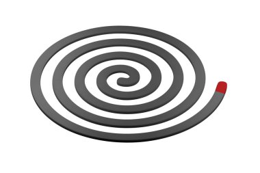 Beyaz arka planda izole edilmiş kırmızı uçlu siyah sivrisinek bobini haşere kontrolü için böcek kovucu olarak kullanılır. Yavaş yanan spiral, içeride ve dışarıda sivrisinekleri püskürtmek için duman salıyor.