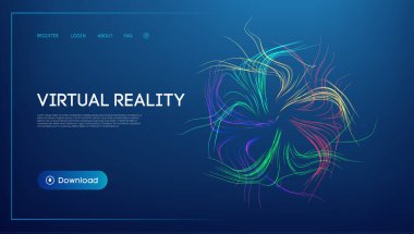 Fütürist sanal gerçeklik web sitesi arayüzü, parlayan soyut dijital dalgalar, neon renkli çizgiler, ve karanlık bir arka planda modern bir UI tasarımı ile donanımlı teknolojiyi, artırılmış gerçekliği temsil ediyor.