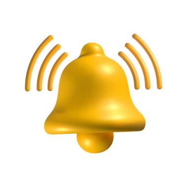 Beyaz zemin üzerinde izole edilmiş, ses dalgaları olan üç boyutlu sarı zil simgesi. Dijital iletişim ve mobil iletişimde uyarıları, hatırlatıcıları ve ses efektlerini sembolize eden parlak metalik uyarı çanı