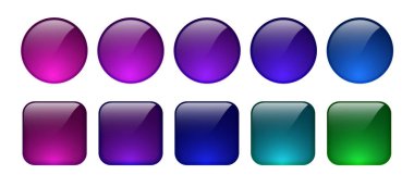 Modern cam morfizm tarzında mor, mavi, deniz mavisi ve yeşil renkli yuvarlak ve kare şekilli parlak eğimli düğmeler, UI tasarımı, uygulama arayüzleri, simgeler ve web bileşenleri için ideal