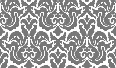 Simetrik süslenmiş çiçek ve yaprak motifleri içeren rafine gri bir damaske deseni. Tekstil, duvar kağıdı ya da ev dekorasyonu projeleri için mükemmel..