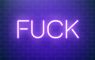 Neon Fuck Sign on Dark Brick Wall, Glowing Purple Neon Word Art, Bright Neon