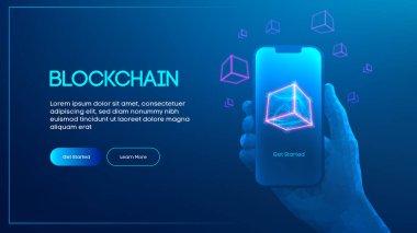 Akıllı telefon dijital arka planında 3D blok. Neon içerisindeki zincir veri uygulaması kripto küp mobil fintech teknolojisi. Yazılım ekonomisi kavramı bitcoin teknolojisi gelecekteki analitik cüzdan siber içeriği.