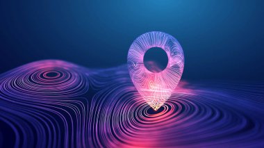 Soyut dalgalı bir yüzey üzerinde ışıldayan neon çizgileri olan fütüristik dijital konum iğnesi, GPS navigasyonu, küresel konumlandırma ve canlı mavi ve pembe renkli teknoloji kavramlarını temsil ediyor..