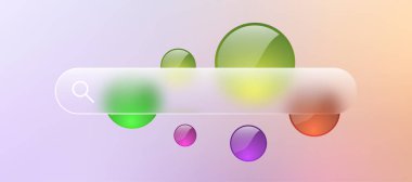 Cam arama çubuğu şeffaf web düğmesi. Website ui sayfa çerçeve tasarımı. Vektör işareti tasarımı. Boş bulanık şekil bul. Parlak arayüz konsepti. 3d renkli geometrik şekiller.