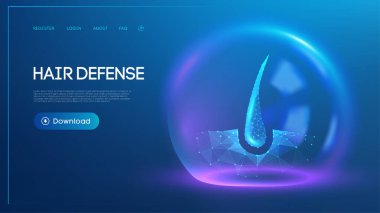 Fütüristik tasarım ve saç bakımı ve tıbbi tedavilerdeki yenilikleri vurgulayan, dijital bir kubbenin içinde parlayan bir saç kökü. Gradyan arkaplan konsepti geliştirir.