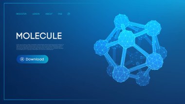 Neon mavi röfleli çokgen moleküler ağ ve koyu mavi arkaplan üzerinde 3D fütüristik etkisi.