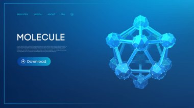 Pürüzsüz bir eğimli arkaplan üzerinde parlayan mavi tonlarda, düşük polimer biçiminde oluşturulmuş yüksek detay moleküler yapısı.