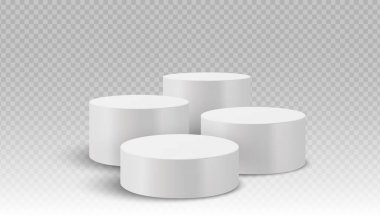 Beyaz 3D podyum, platformun arka planında durmaktadır. Açık gri gölgeli ve geometrik şekilli minimum silindir ekran. Modern gösteri sahnesi stüdyo perspektifinde lüks silindir tasarımı içerir..