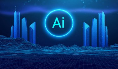 Akıllı Şehir Binası Gelecek Teknolojileri Soyut Yapay Zeka Teknolojisi Konsepti. Neon Dijital Mimari Ağ Vektör Tasarımı. Gelecekçi Siber 3D Metaverse Şehir Manzarası.