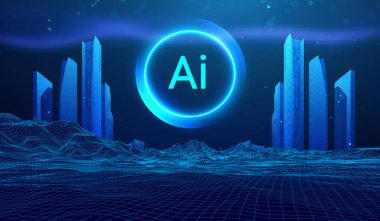 Şehir inşaatı, geleceğin akıllı teknolojisi, soyut yapay zeka teknolojisi konsepti. Neon dijital siluet mimarisi hologram tasarımı siber punk ızgarası. Yatırım Ağı Sistemi Altyapı Enerji Küresi.