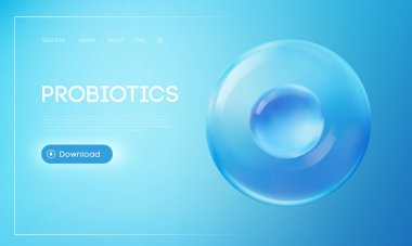 Probiyotik 3d web sitesi iniş sayfası mavi gradyan arka plan, şeffaf sıvı baloncuk ve parlayan indirme düğmesi. Mide sağlığı, beslenme ve ilave markalaşma için sağlık ve sağlık kavramı.