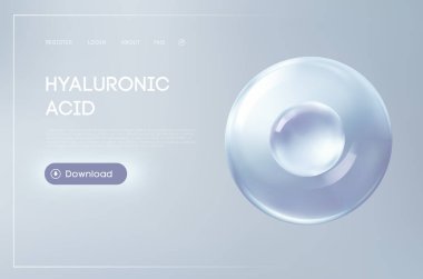 Hyaluronik asit molekülü cilt, yumuşak gri gradyan zemin üzerinde şeffaf sıvı baloncuk. Kozmetik, dermatoloji ve yaşlanmayı önleyici ürün tanıtımı için hidrasyon ve güzellik konsepti.