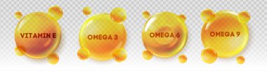 Gerçekçi altın vitamin E, omega-3, omega-6 ve saydam arkaplanlı omega-9 yağ kapsülleri..