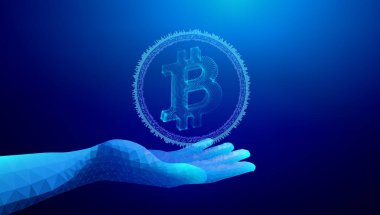 Dijital çokgen el mavi arkaplan üzerinde gelecekteki sanal alanda parlayan Bitcoin sembolünü sunar