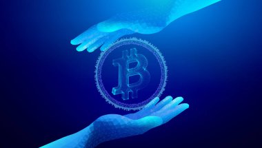 Mavi zemin üzerinde parlayan sanal alanda dijital Bitcoin sembolü değiş tokuşu yapan gelecekçi çokgen eller
