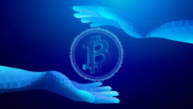Sanal mavi alanda parlayan Bitcoin simgesini fütüristik wirefram tarzına sahip dijital çokgen eller aktarıyor
