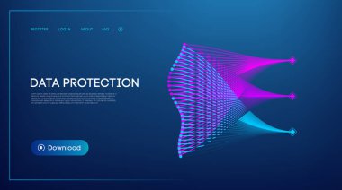 Fütüristik veri koruma web sitesi arayüzü soyut dijital güvenlik görselleştirmesi, parlayan ağ bağlantıları ve karanlık bir arkaplanda siber güvenlik, şifreleme ve güvenli veri yönetimini temsil eden modern UI tasarımı ile arayüzdür..