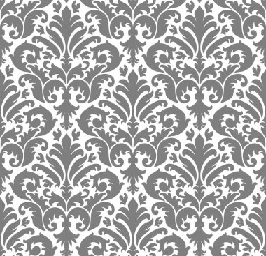 Klasik çiçek motifleri ve süs simetrisi içeren, zarif dekoratif projeler için ideal, gri tonda kusursuz bir damaske deseni..