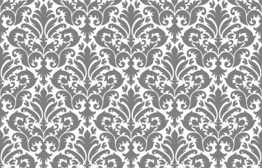 Simetrik çiçek motifleri ve dekoratif elementlerle, pürüzsüz ve zarif bir desen oluşturan gri tonda damaske tasarımı..