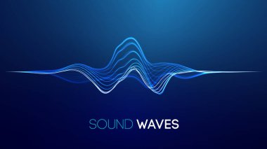 Mavi arkaplanda ses dalgaları. Eğri radyo dalgası dijital sinyali. Dijital teknoloji arka planı.