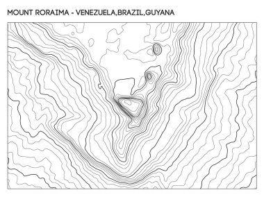 Roraima Dağı topografik haritası yükseklik ve arazi detaylarını gösteriyor. Coğrafi hatlar dağ yamaçlarını ve doğal arazi şekillerini temsil eder. Venezuela, Brezilya ve Guyana platosundan oluşan üç sınır bölgesi.