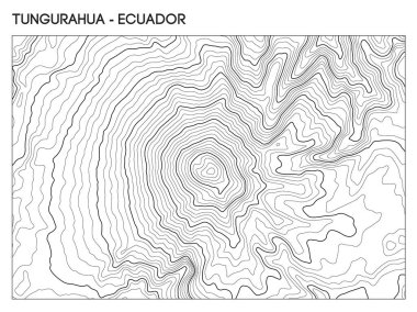 Tungurahua topografik haritası yükseklik çizgileri ve volkanik araziyi gösteriyor. Ayrıntılı hatlar Ekvador And Dağları 'ndaki dağ yapısını vurgular. Coğrafi katmanlar aktif volkanı ve çevreleyen arazileri temsil eder..
