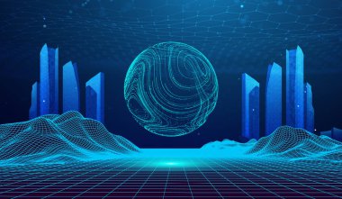 Akıllı Şehir Binası Gelecek Teknolojileri Soyut Yapay Zeka Teknolojisi Konsepti. Neon Dijital Mimari Ağ Vektör Tasarımı. Gelecekçi Siber 3D Metaverse Şehir Manzarası.