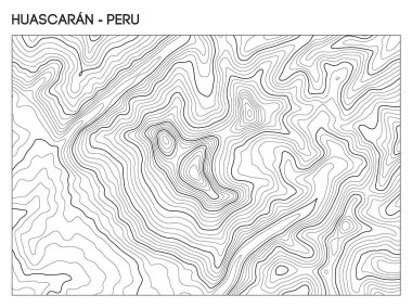 Huascaran topografik haritası yükseklik hatlarını ve dağ yapısını gösteriyor. Coğrafi çizgiler Perus 'un And Dağları' ndaki en yüksek zirvesini vurguluyor. Ayrıntılı arazi desenleri eğimleri, tepeleri ve çevresindeki manzarayı gösteriyor.