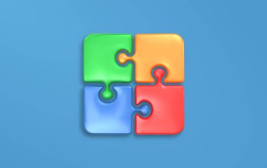 Yeşil, turuncu, mavi ve kırmızı renkli üç boyutlu yapboz parçaları mavi arkaplanda tam kare oluşturuyorlar. Takım çalışmasını, problem çözmeyi, birliği ve işbirliğini simgeleyen parlak yapboz parçaları.