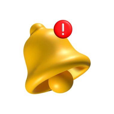 Kırmızı rozetli üç boyutlu sarı uyarı çanı simgesi beyaz arka planda izole edilmiş bir numara gösteriyor. Uyarıları, mesajları, bildirimleri ve dijital iletişimde hatırlatıcıları sembolize eden parlak metalik zil.