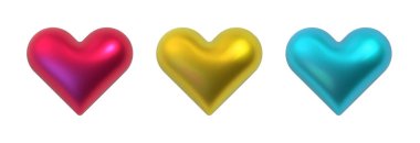 Parlak metalik kalpler kırmızı, altın ve mavi ile beyaz arka planda izole edilmiş. Yansıtıcı yüzeyi olan üç parlak kalp şeklindeki nesne. Sevgi, romantizm ve sevgililer günü için üç boyutlu canlı kalp sembolleri..