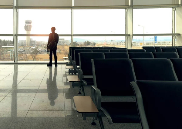 Empty Chairs Departure Hall Airport Control Tower Airplane Taking Sunset — Stock Photo, Image