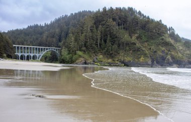 Heceta Head State Park 'taki tarihi metal köprü manzaralı erişim sağlıyor. Bu ikonik çelik yapı, yıpranmış bir dönüm noktası, ziyaretçileri Oregon Sahili deneyiminin hayati bir parçası olan sahil güzelliğine ve deniz fenerine yönlendiriyor..