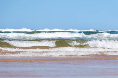 Yaz mevsiminde kumlu sahilde yumuşak bir mavi okyanus dalgası. Prens Edward Adası, Kanada