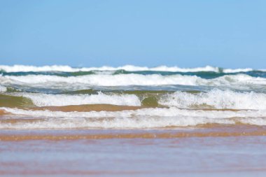 Yaz mevsiminde kumlu sahilde yumuşak bir mavi okyanus dalgası. Prens Edward Adası, Kanada