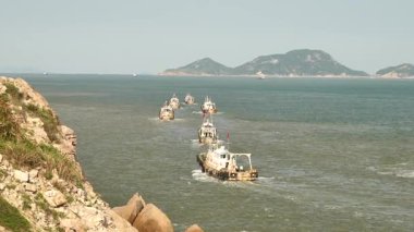 Denizde balıkçı tekneleri, Wenzhou Çin. Yüksek kalite 4k görüntü