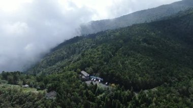 Yüksek dağları kaplayan sisli hava manzarası. Hangzhou Zhejiang Çin 'deki batı Tianmu Dağı. Yüksek kalite 4k görüntü