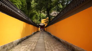 Tapınakta sarı duvarlı bir patikada yürüyen Xinchang dafosi Tapınağı Shaoxing, Zhejiang, Çin. Yüksek kalite 4k görüntü