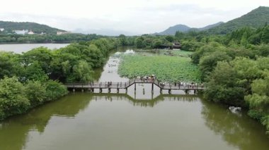 Xianghu Gölü Hangzhou Çin 'deki Nilüfer Göleti' nin havadan görünüşü. Yüksek kalite 4k görüntü