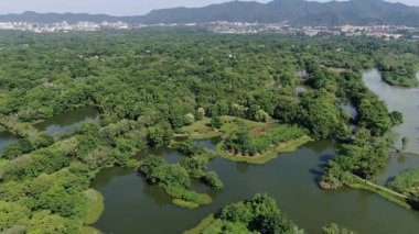 Hangzhou, Çin 'deki Xixi Ulusal Bataklık Parkı' nın havadan görünüşü. Çin gölleri ve antik şehir. Yüksek kalite 4k görüntü