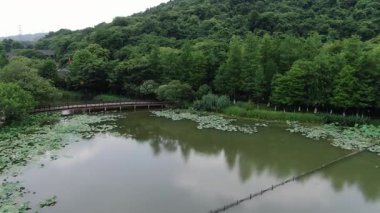 Çin 'in Zhejiang Eyaleti, Hangzhou' daki Bagua Saha Parkı 'nın Hava Sahnesi. Yüksek kalite 4k görüntü