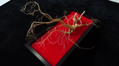 Ginseng kökleri Çin 'in kuzeydoğusunda, Changbaishan Dağı' nda, kırmızı ve siyah arka planlarda sergilenir. Yüksek kalite 4k görüntü